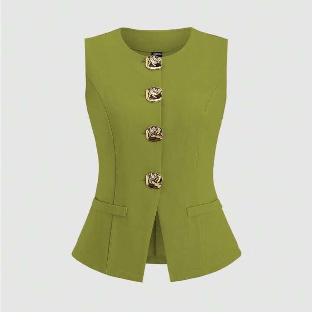 Green Sleeveless Top with Gold Buttons